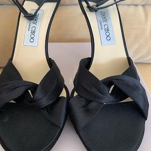 Jimmy Choo 391/2 black satin pumps ankle strap